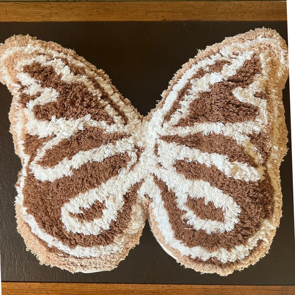 Whimsical Butterfly Moth Tufted Decorative Throw Pillow Brown Cream Bohemian